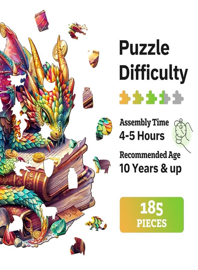 Jigfoxy Wooden Puzzles for Adults, Jeweled Dragon Wood Puzzle for Adults, Unique Animal-Shaped Wooden Jigsaw Puzzle, Christmas Thanksgiving Gifts for Family and Friends (M-11.4 * 10.7in-185pcs) - Image 2